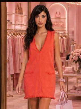 HONEY PUNCH Boho Coral Orange Tencel Fray Edge Sleeveless Mini Dress SMALL - MED